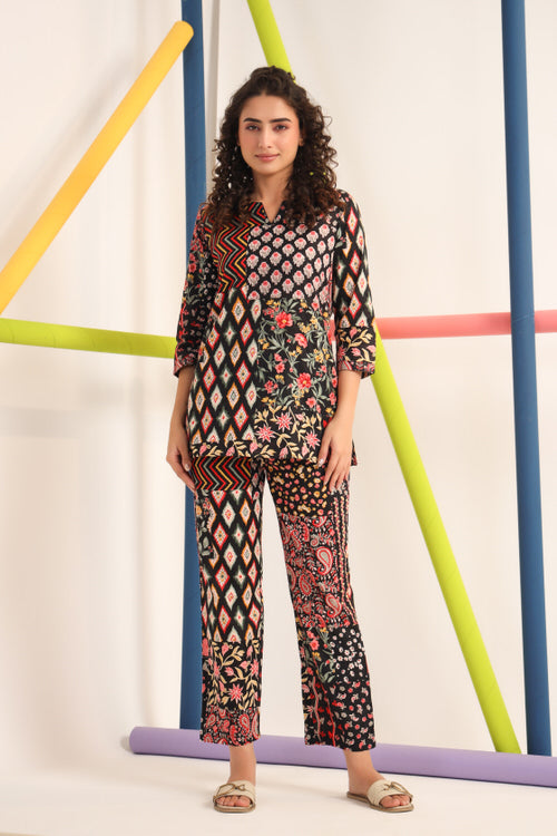 Patch Print on Black Cotton Loungewear Top Set