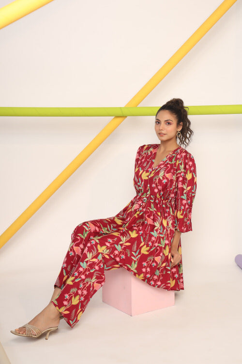Flamingo on Maroon Russian Silk Co-ord Set