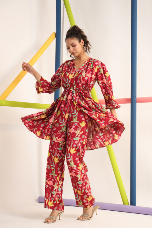 Flamingo on Maroon Russian Silk Co-ord Set