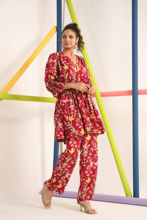 Flamingo on Maroon Russian Silk Co-ord Set