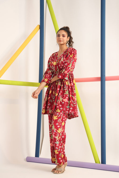 Flamingo on Maroon Russian Silk Co-ord Set