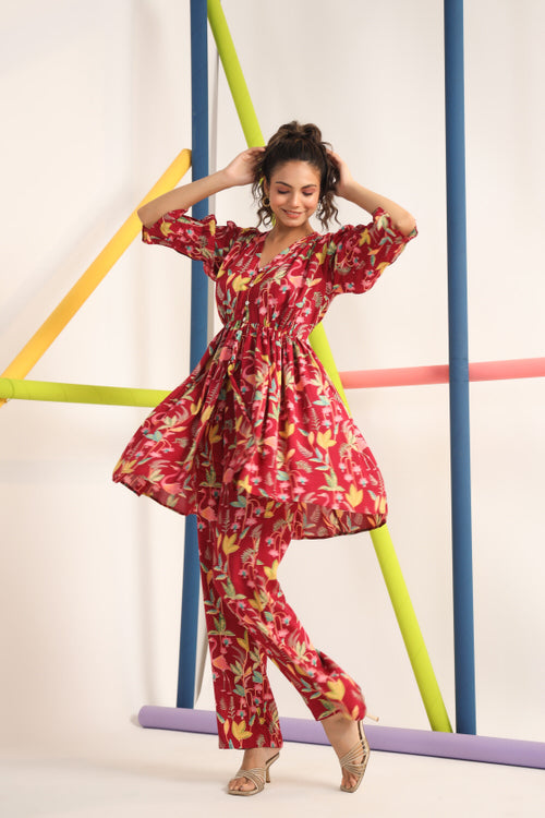 Flamingo on Maroon Russian Silk Co-ord Set