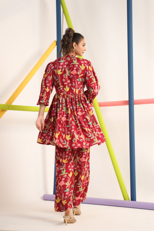 Flamingo on Maroon Russian Silk Co-ord Set