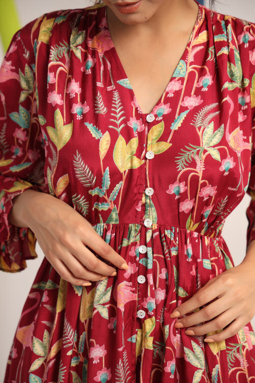 Flamingo on Maroon Russian Silk Co-ord Set