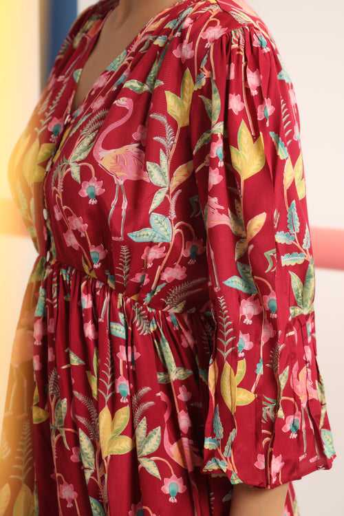 Flamingo on Maroon Russian Silk Co-ord Set
