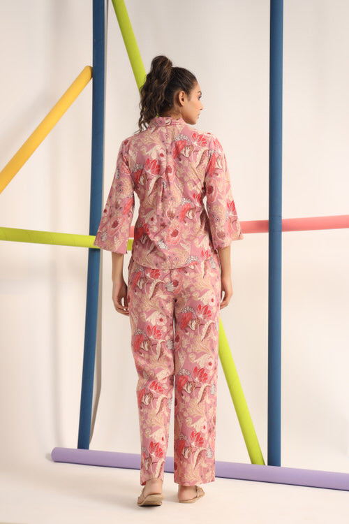 Chrysanthemum on Pink Muslin Silk Co-ord Set