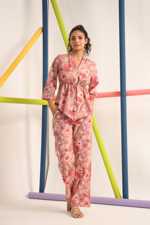 Chrysanthemum on Pink Muslin Silk Co-ord Set