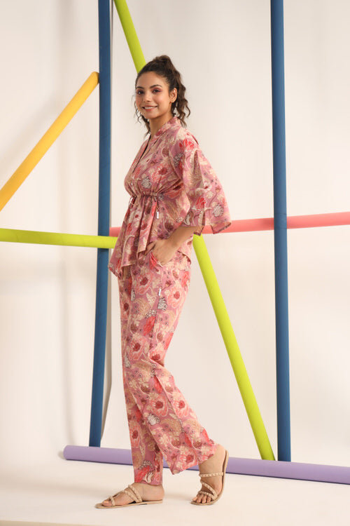 Chrysanthemum on Pink Muslin Silk Co-ord Set