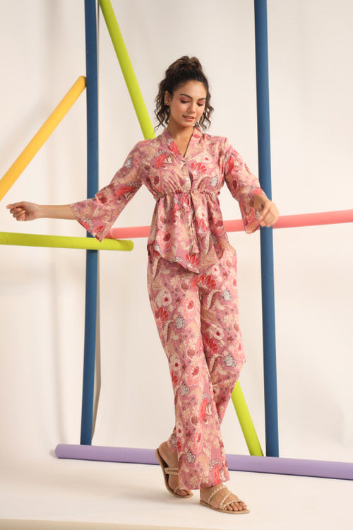 Chrysanthemum on Pink Muslin Silk Co-ord Set