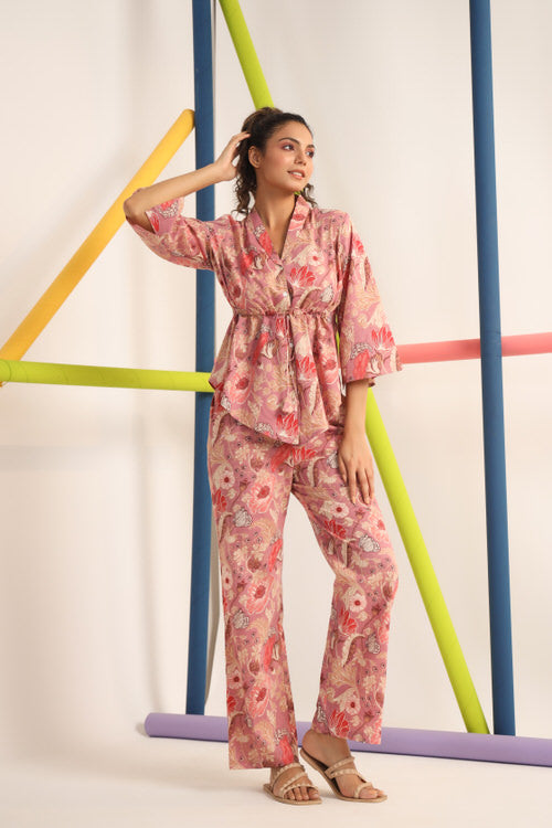 Chrysanthemum on Pink Muslin Silk Co-ord Set