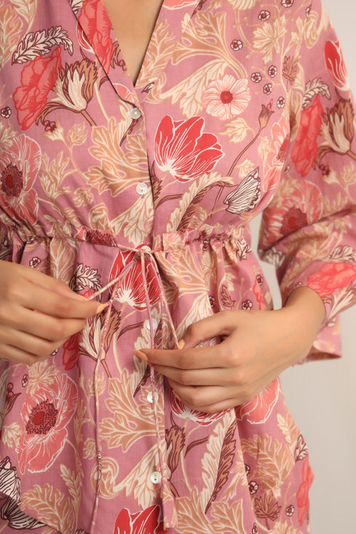 Chrysanthemum on Pink Muslin Silk Co-ord Set