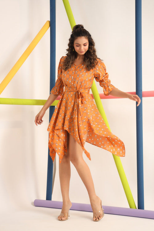 Motif on Orange Russian Silk Mini Dress