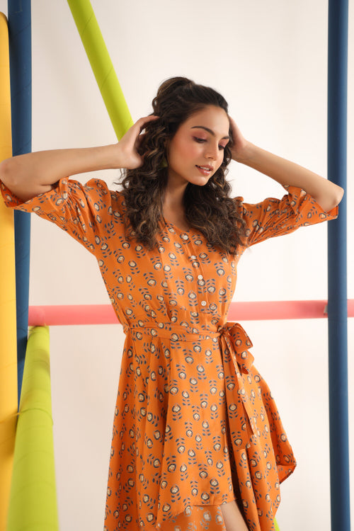 Motif on Orange Russian Silk Mini Dress