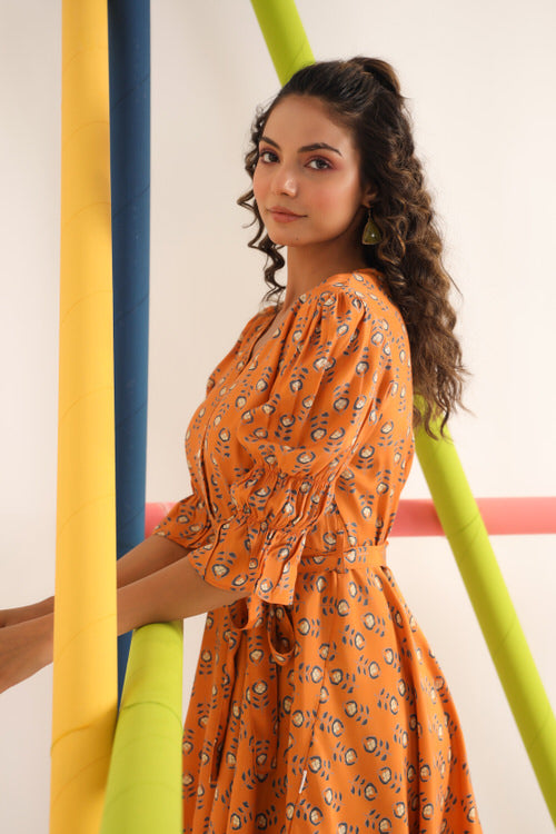 Motif on Orange Russian Silk Mini Dress