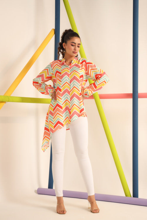 Bright Zigzag Asymmetrical Russsian Silk Top