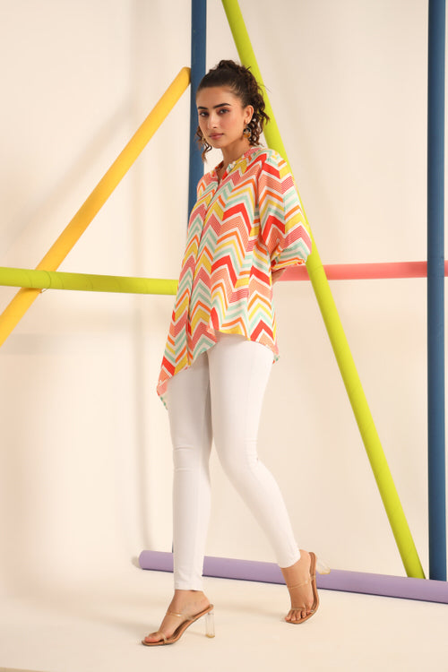 Bright Zigzag Asymmetrical Russsian Silk Top