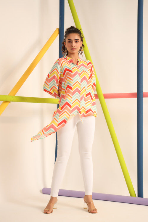 Bright Zigzag Asymmetrical Russsian Silk Top