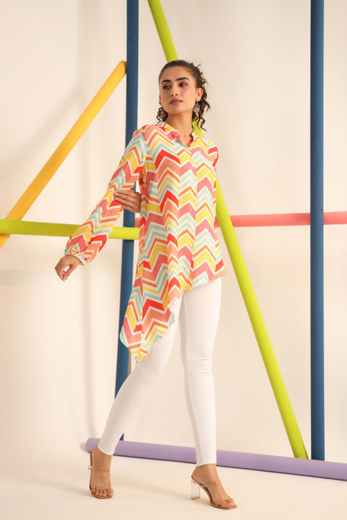 Bright Zigzag Asymmetrical Russsian Silk Top