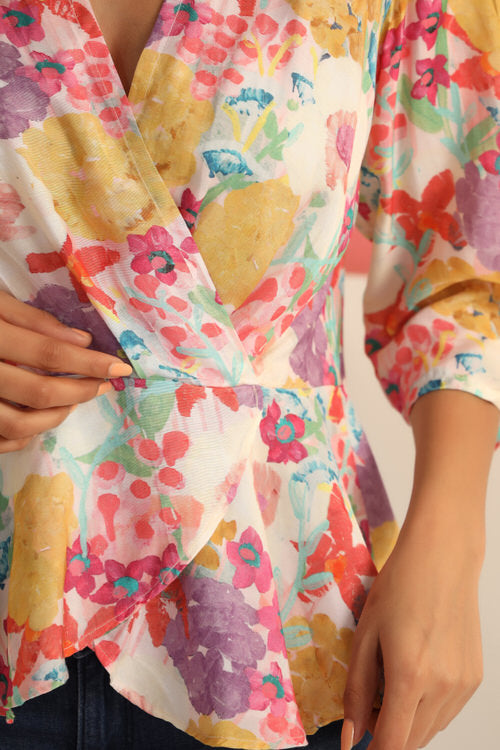 Floral Imprint on White Russian Silk Top