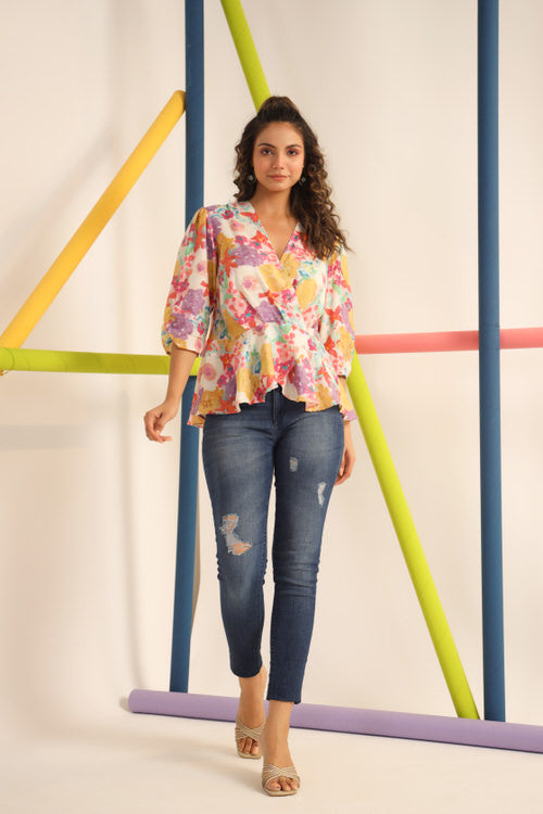 Floral Imprint on White Russian Silk Top