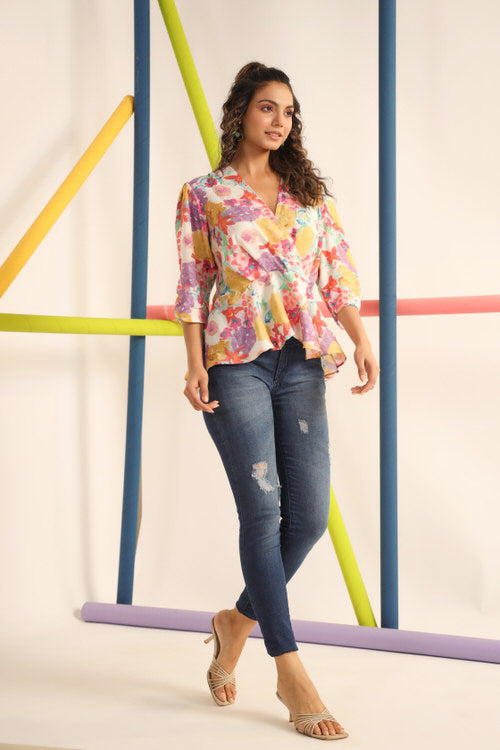 Floral Imprint on White Russian Silk Top