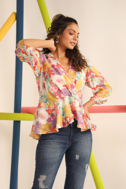 Floral Imprint on White Russian Silk Top