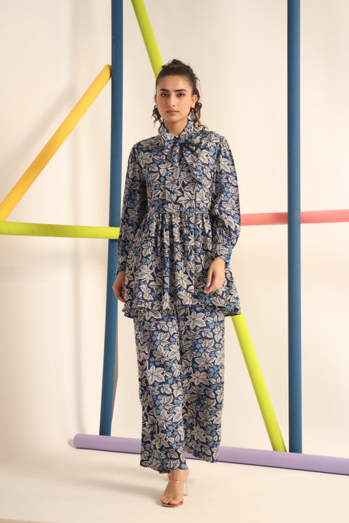 Palm Leaves On Blue Russian Silk Co-ord Set