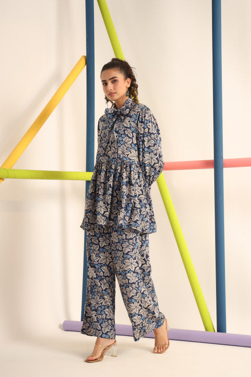 Palm Leaves On Blue Russian Silk Co-ord Set