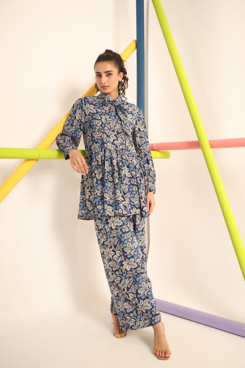Palm Leaves On Blue Russian Silk Co-ord Set