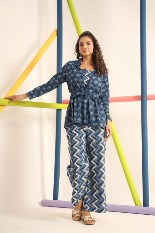 Daabu with Zigzag on Blue Cotton Three Piece Co-ord Set