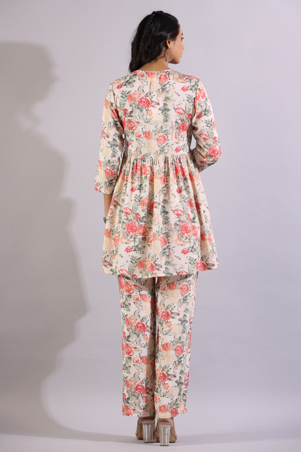 Floral Jaal On White Angrakha Russian Silk Co-ord Set