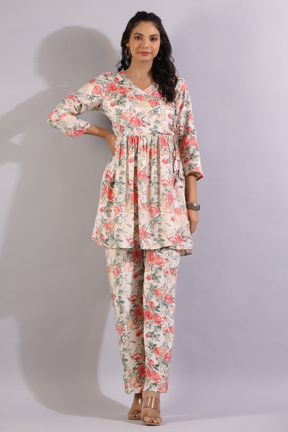 Floral Jaal On White Angrakha Russian Silk Co-ord Set