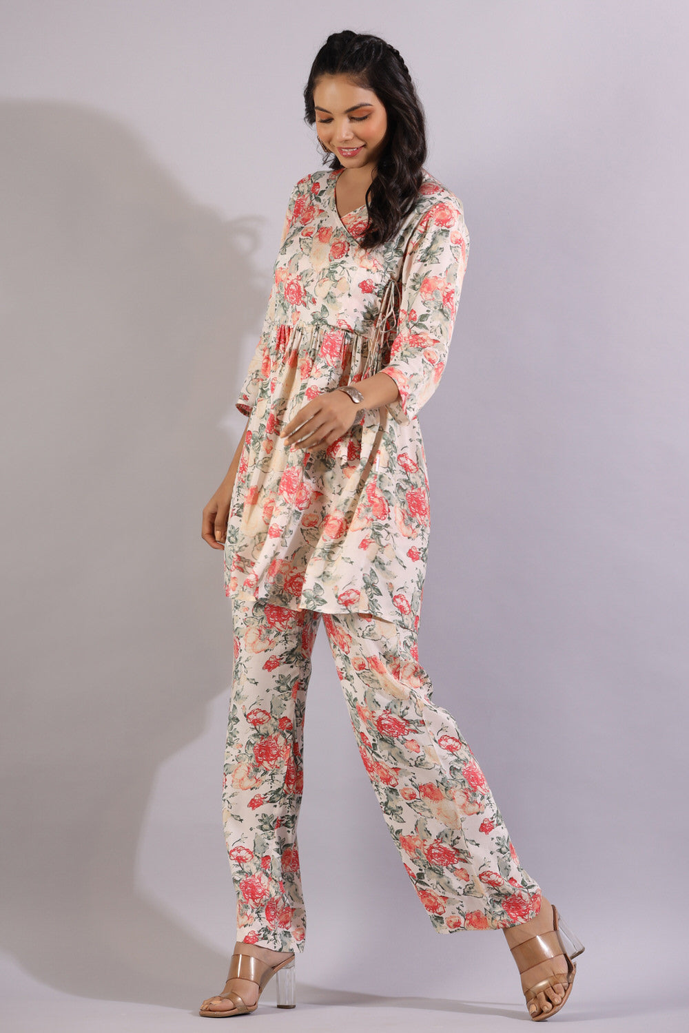 Floral Jaal On White Angrakha Russian Silk Co-ord Set
