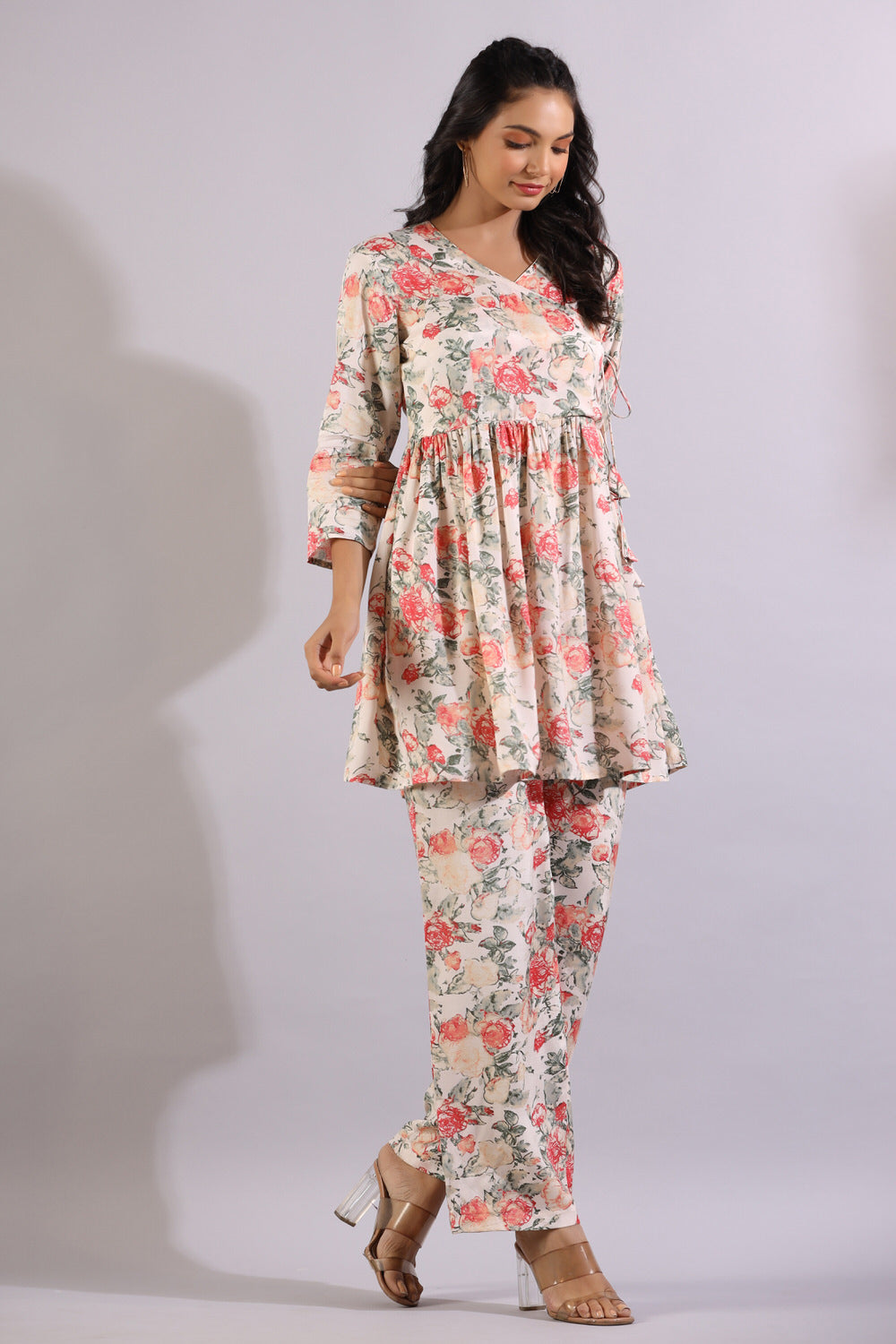 Floral Jaal On White Angrakha Russian Silk Co-ord Set