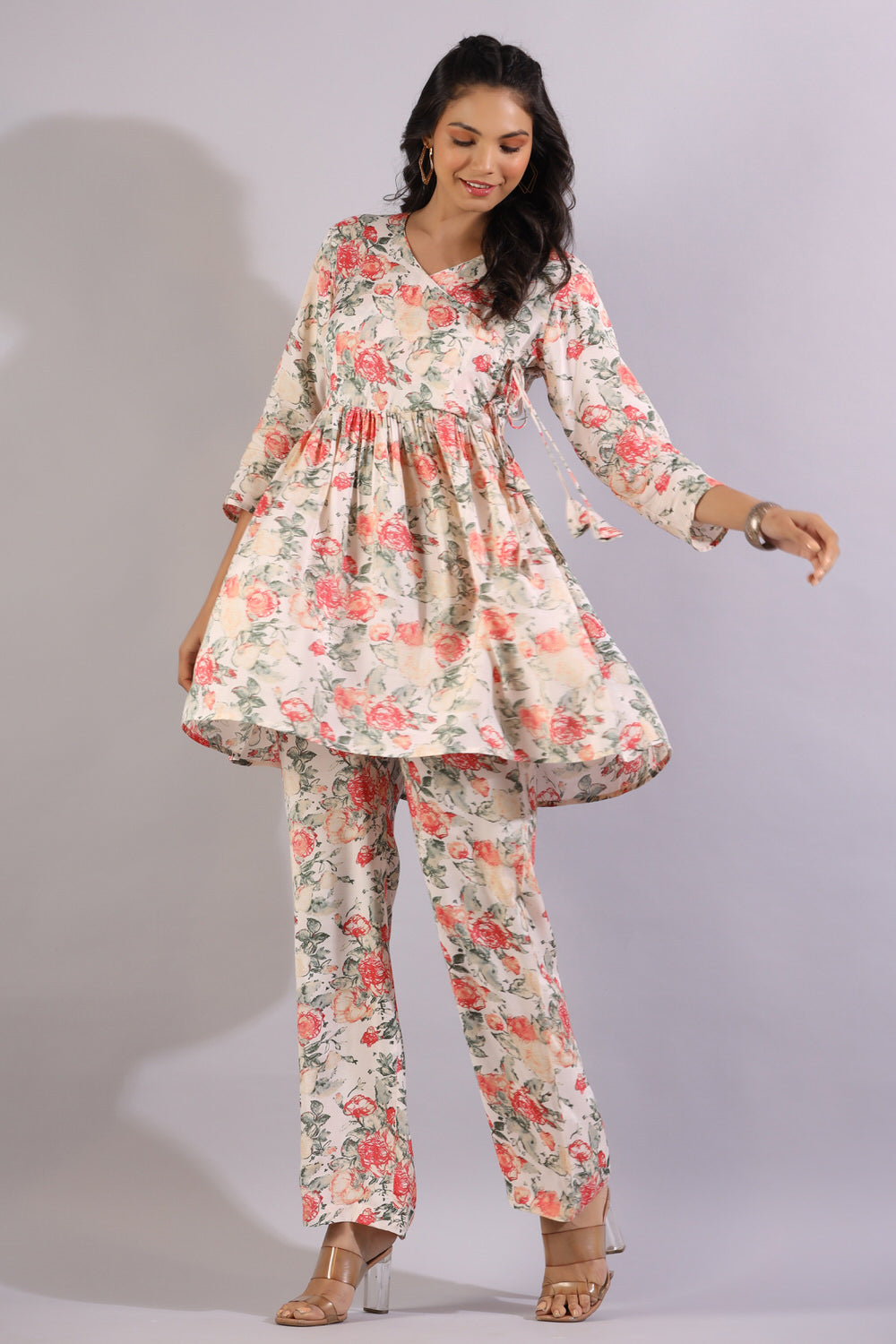 Floral Jaal On White Angrakha Russian Silk Co-ord Set