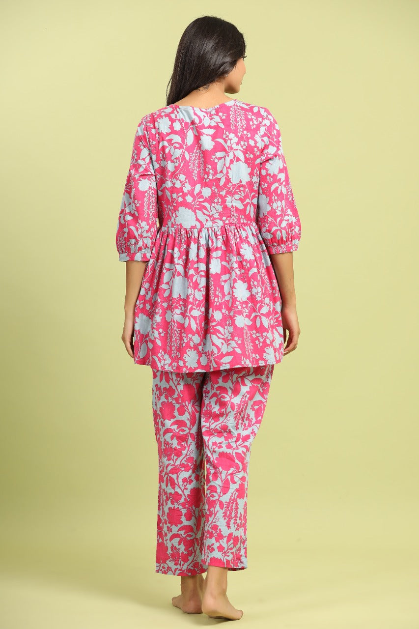 Pink and Turquoise Flip on Cotton Loungewear Top Set