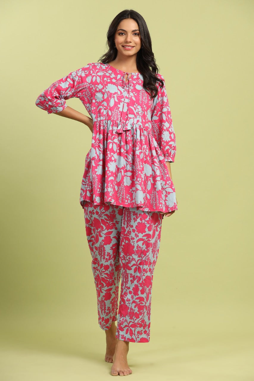 Pink and Turquoise Flip on Cotton Loungewear Top Set