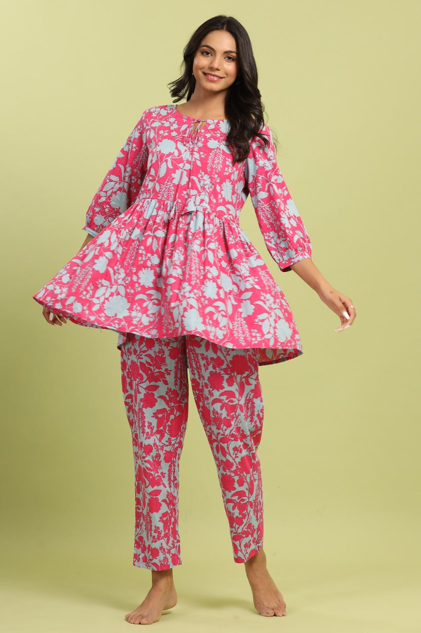 Pink and Turquoise Flip on Cotton Loungewear Top Set