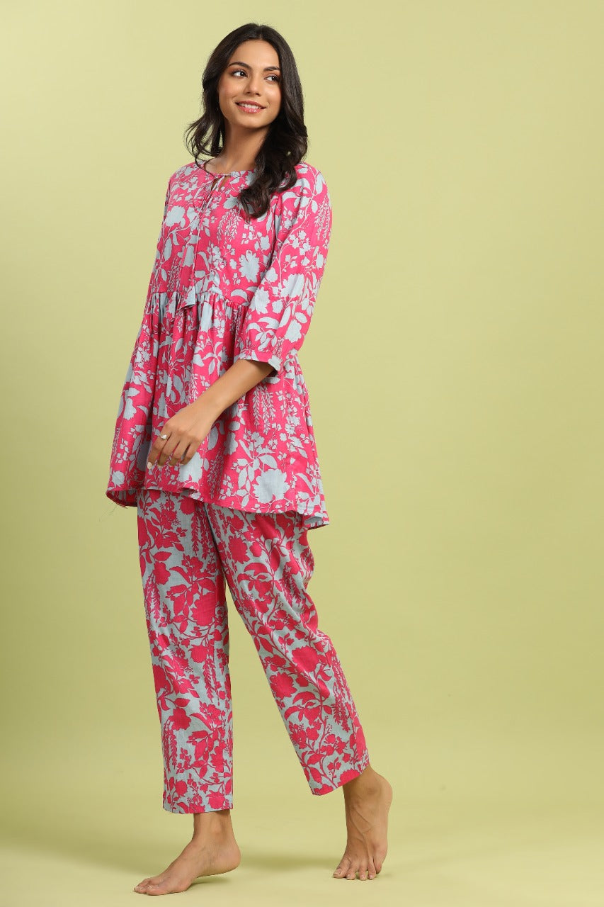 Pink and Turquoise Flip on Cotton Loungewear Top Set