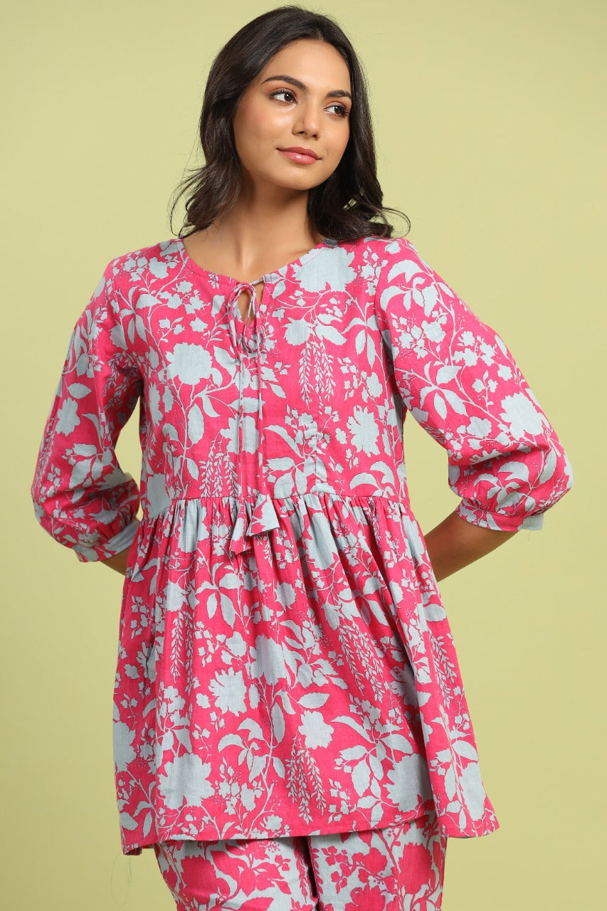 Pink and Turquoise Flip on Cotton Loungewear Top Set