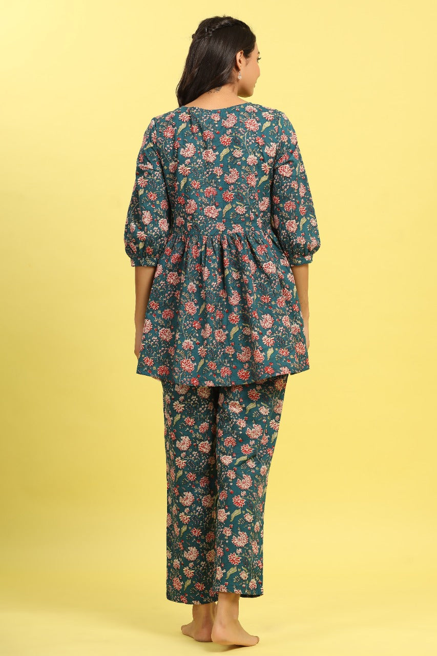 Teal Love on Cotton Peplum Loungewear Top Set