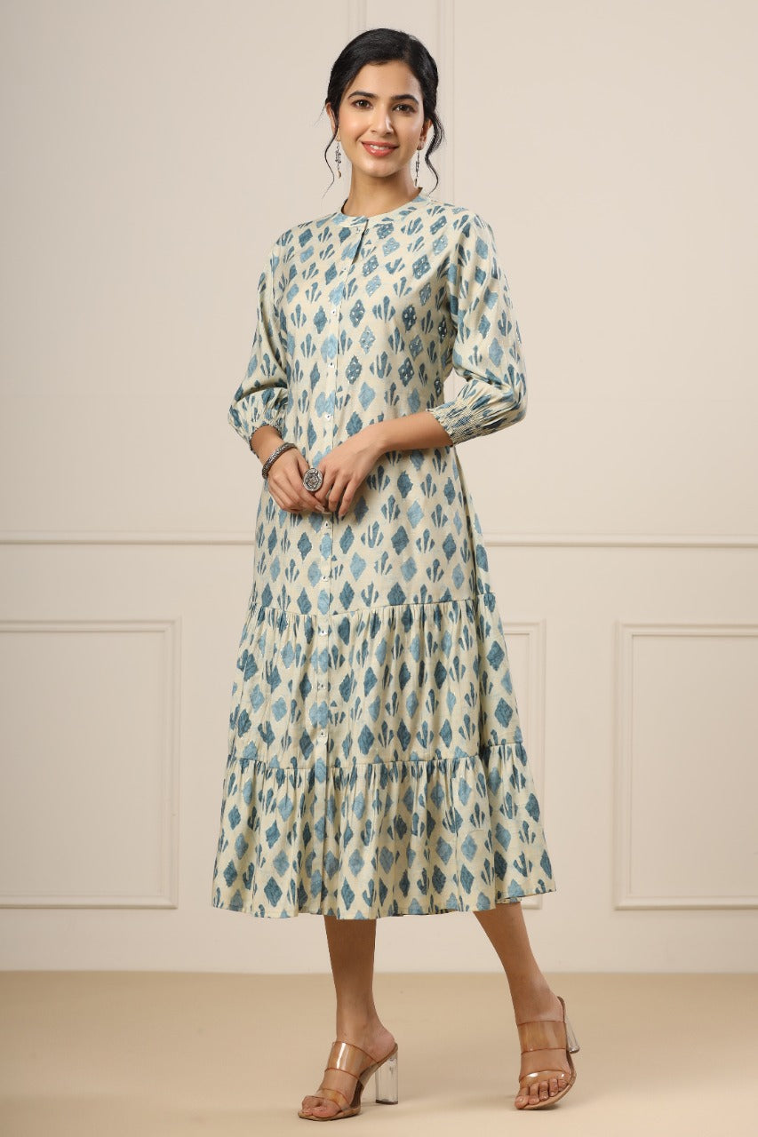 Minimalist Motifs on Off-white Silk MIDI Dress