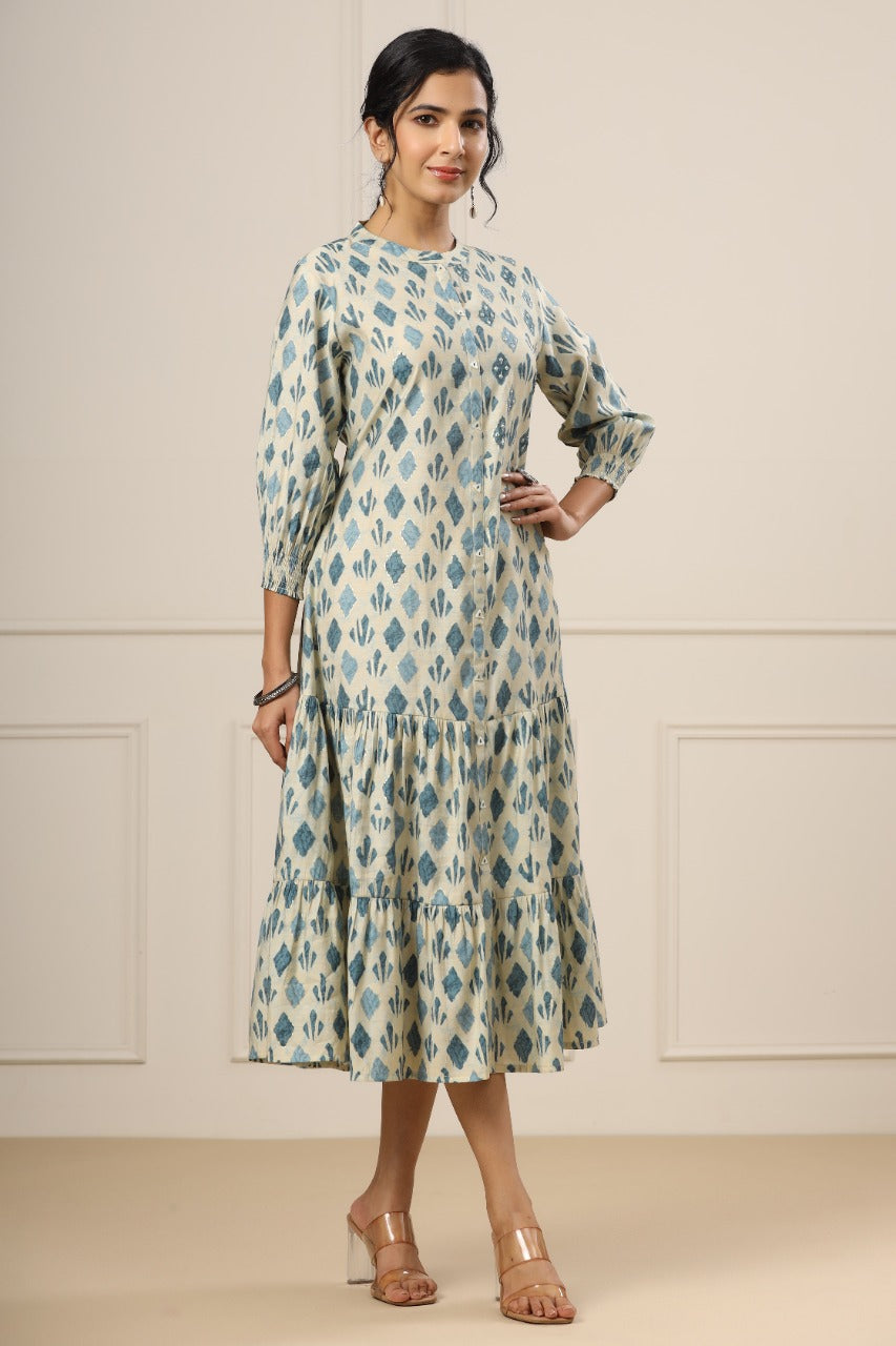 Minimalist Motifs on Off-white Silk MIDI Dress