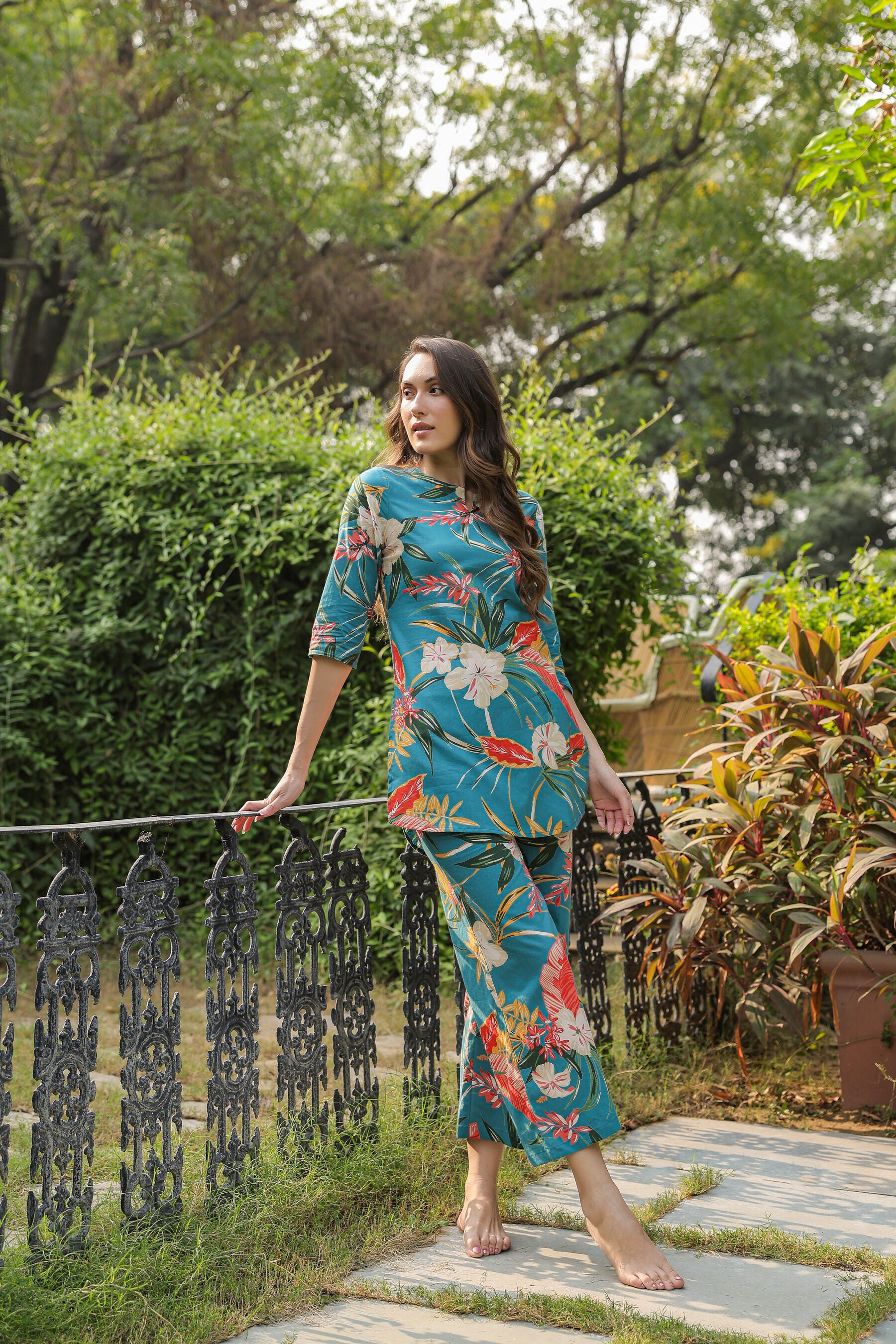 Teal Tranquility on Cotton Palazzo Loungewear Set