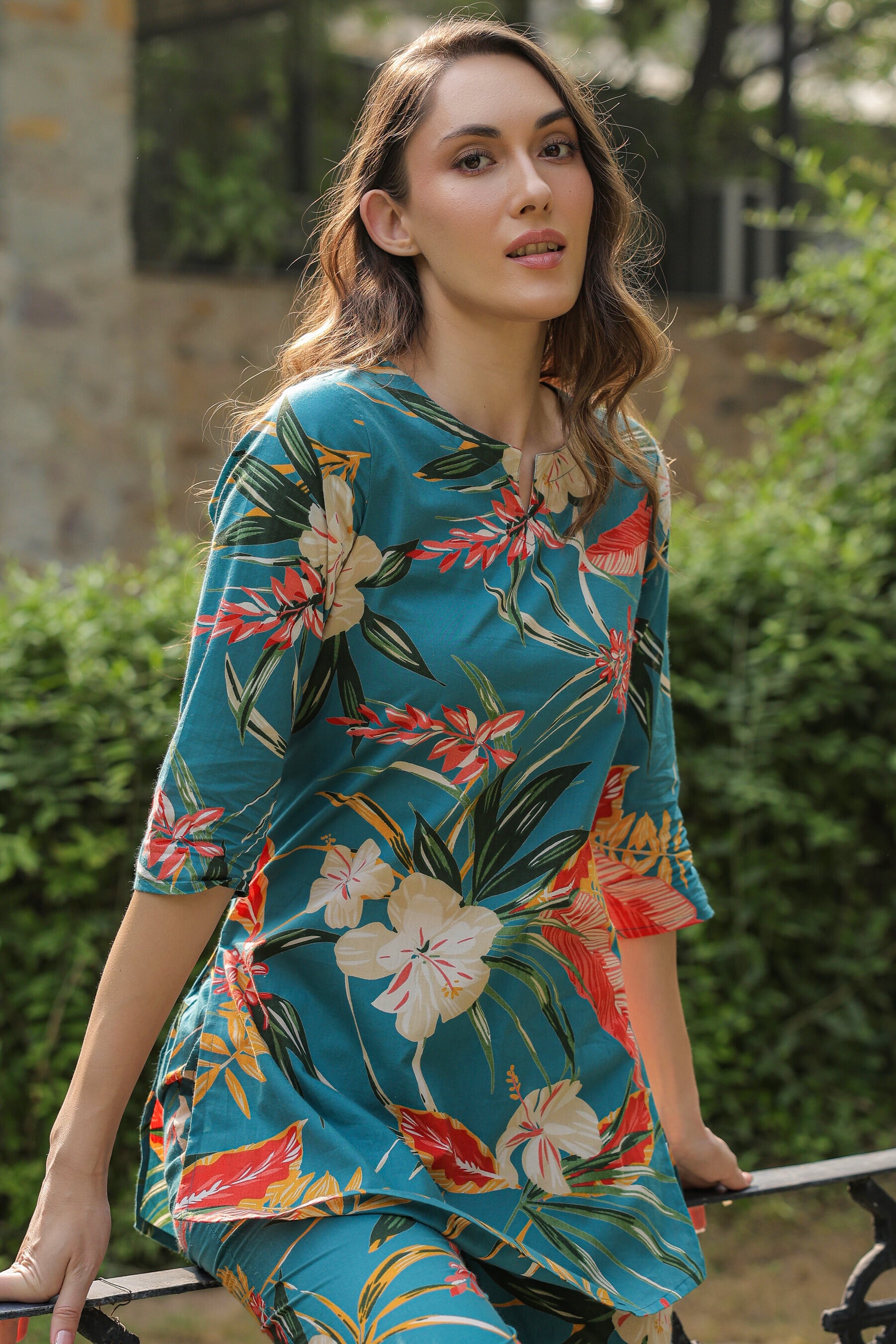 Teal Tranquility on Cotton Palazzo Loungewear Set