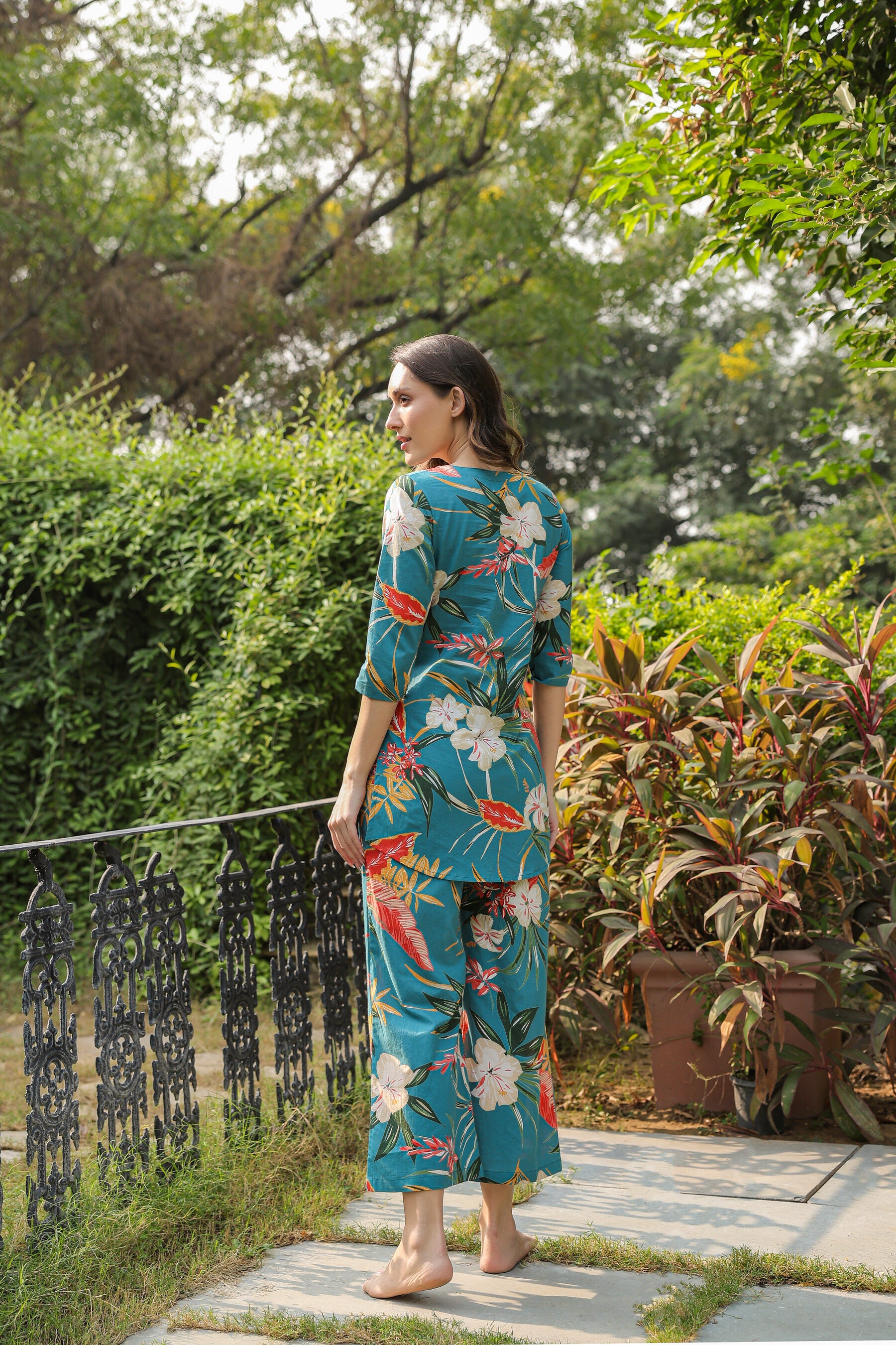 Teal Tranquility on Cotton Palazzo Loungewear Set