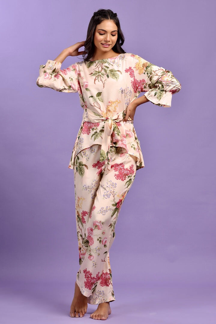 Floral Bouquet Cream Coloured Russian Silk Co-ord Set