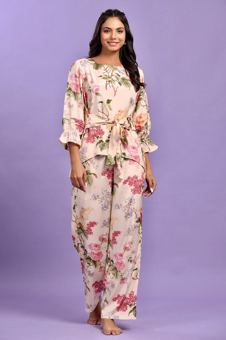 Floral Bouquet Cream Coloured Russian Silk Co-ord Set