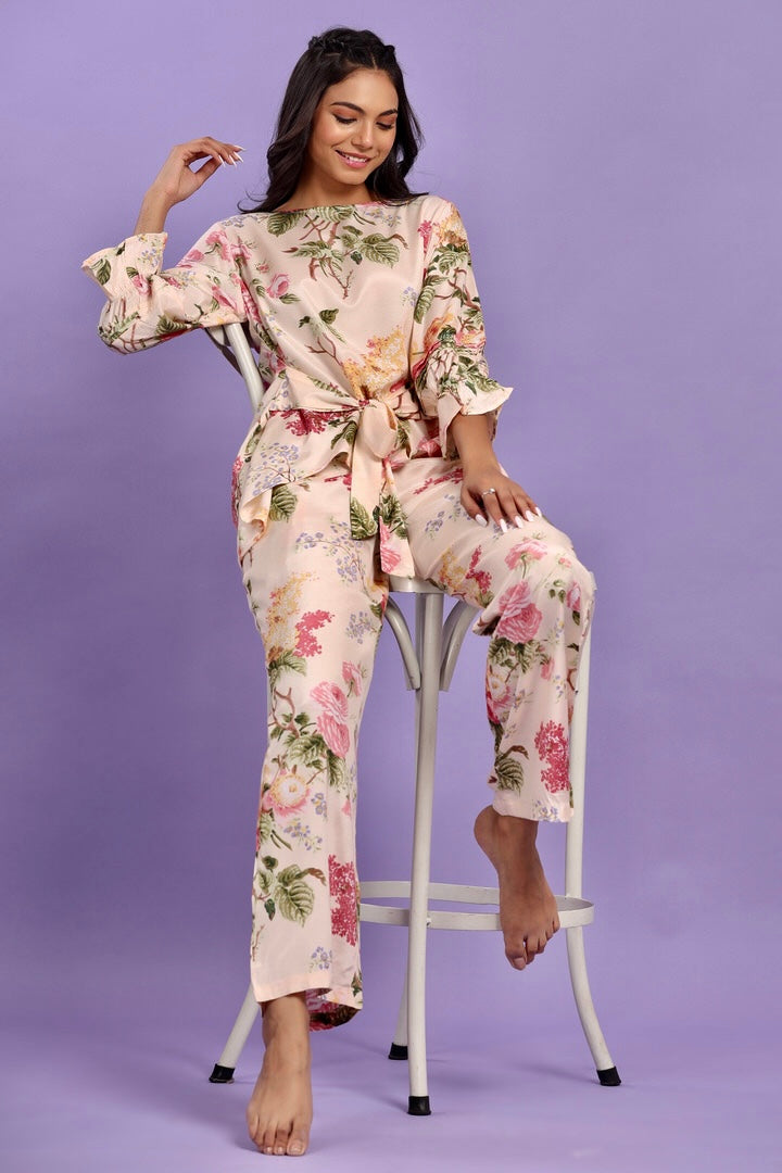 Floral Bouquet Cream Coloured Russian Silk Co-ord Set