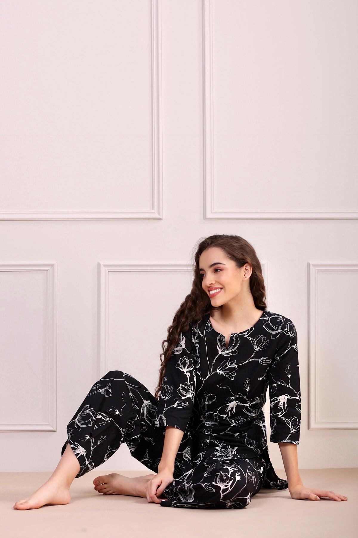 Abstract Floral on Black Cotton Palazzo Loungewear Set